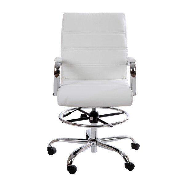 Whitney Mid-Back White LeatherSoft Drafting Chair with Adjustable Foot Ring and Chrome Base