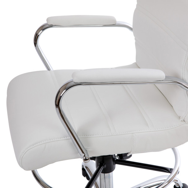 Whitney Mid-Back White LeatherSoft Drafting Chair with Adjustable Foot Ring and Chrome Base