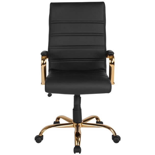 Whitney High Back Black LeatherSoft Executive Swivel Office Chair with Gold Frame and Arms
