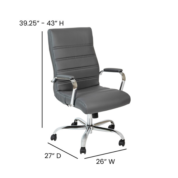 Whitney High Back Gray LeatherSoft Executive Swivel Office Chair with Chrome Frame and Arms