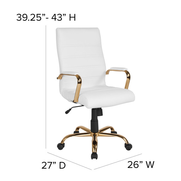 Whitney High Back White LeatherSoft Executive Swivel Office Chair with Gold Frame and Arms