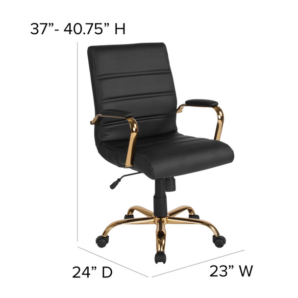 Whitney Mid-Back Black LeatherSoft Executive Swivel Office Chair with Gold Frame and Arms