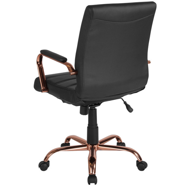 Whitney Mid-Back Black LeatherSoft Executive Swivel Office Chair with Rose Gold Frame and Arms