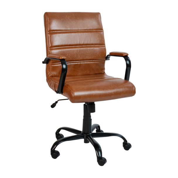 Whitney Mid-Back Brown LeatherSoft Executive Swivel Office Chair with Black Frame and Arms
