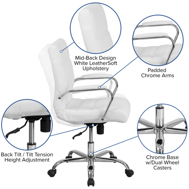 Whitney Mid-Back Gold LeatherSoft Executive Swivel Office Chair with Chrome Frame and Arms