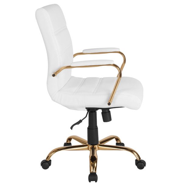 Whitney Mid-Back White LeatherSoft Executive Swivel Office Chair with Gold Frame and Arms