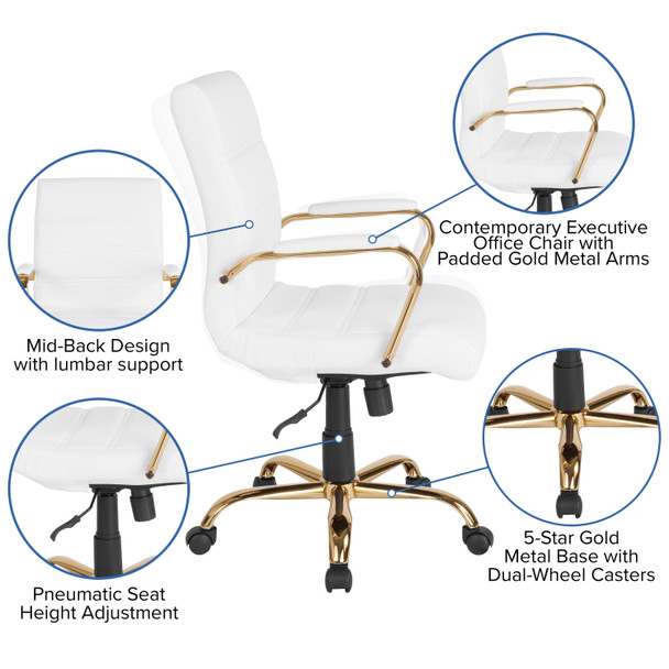 Whitney Mid-Back White LeatherSoft Executive Swivel Office Chair with Gold Frame and Arms