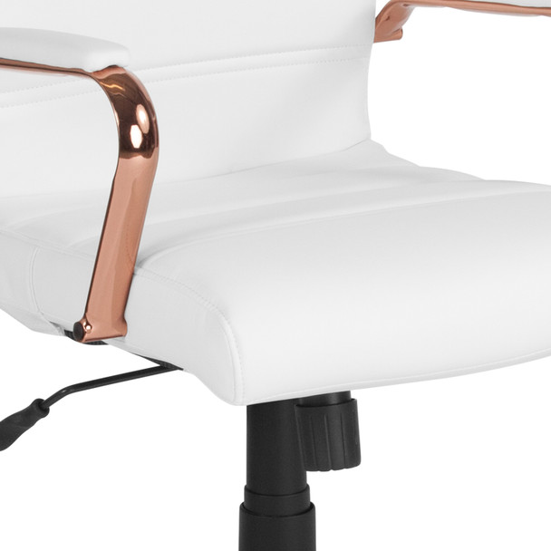 Whitney Mid-Back White LeatherSoft Executive Swivel Office Chair with Rose Gold Frame and Arms