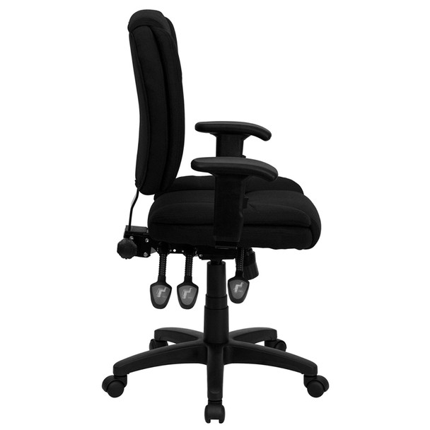 Caroline Mid-Back Black Fabric Multifunction Swivel Ergonomic Task Office Chair with Pillow Top Cushioning and Arms