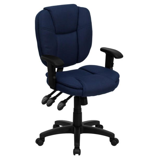 Caroline Mid-Back Navy Blue Fabric Multifunction Swivel Ergonomic Task Office Chair with Pillow Top Cushioning and Arms