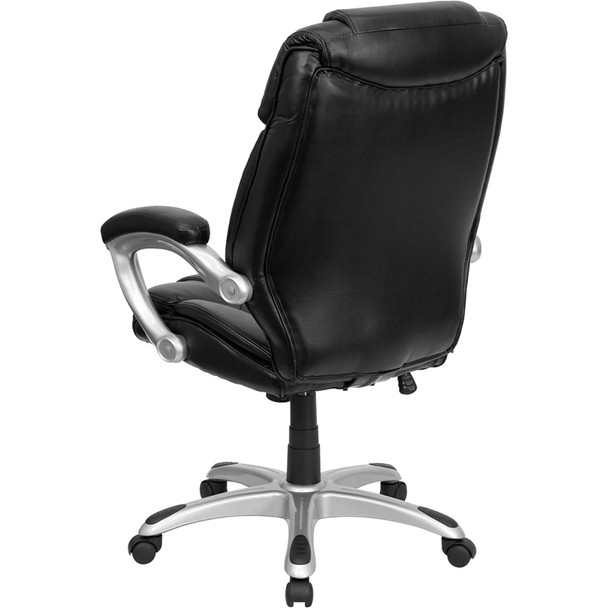 Heather High Back Black LeatherSoft Layered Upholstered Executive Swivel Ergonomic Office Chair with Silver Nylon Base and Arms