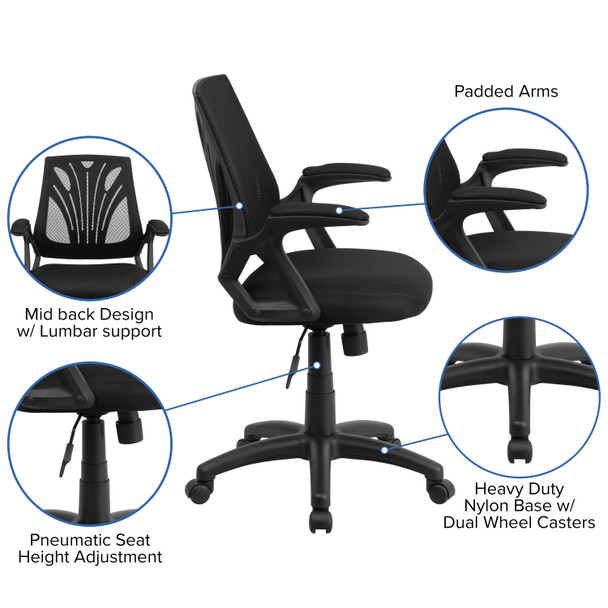 Sam Mid-Back Designer Black Mesh Swivel Task Office Chair with Open Arms