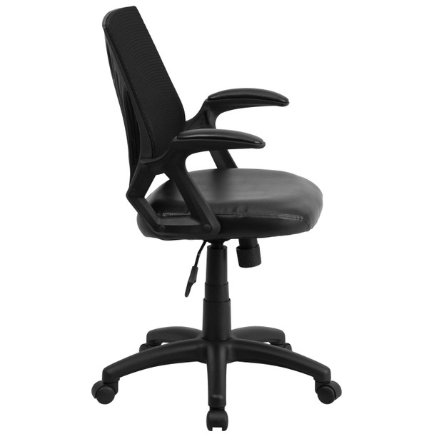 Sam Mid-Back Designer Black Mesh Swivel Task Office Chair with LeatherSoft Seat and Open Arms