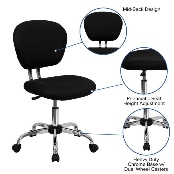 Beverly Mid-Back Black Mesh Padded Swivel Task Office Chair with Chrome Base