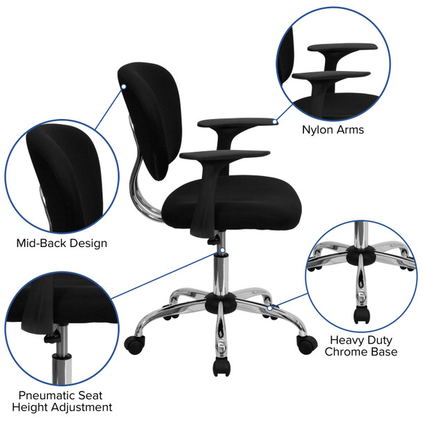 Beverly Mid-Back Black Mesh Padded Swivel Task Office Chair with Chrome Base and Arms