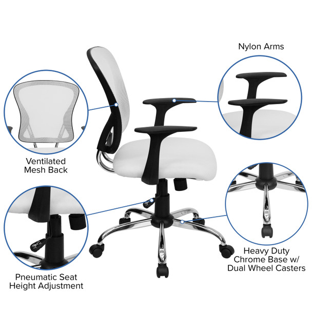 Alfred Mid-Back White Mesh Swivel Task Office Chair with Chrome Base and Arms