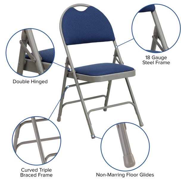 HERCULES Series Ultra-Premium Triple Braced Navy Fabric Metal Folding Chair with Easy-Carry Handle