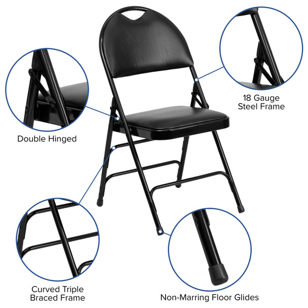 HERCULES Series Ultra-Premium Triple Braced Black Vinyl Metal Folding Chair with Easy-Carry Handle