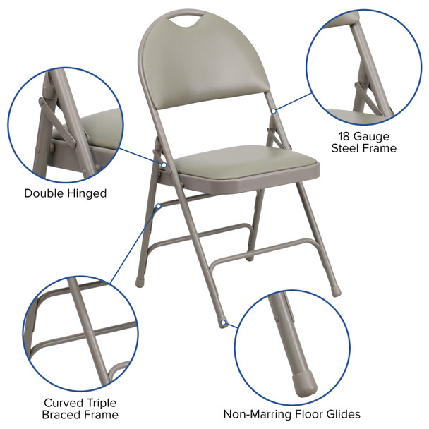 HERCULES Series Ultra-Premium Triple Braced Gray Vinyl Metal Folding Chair with Easy-Carry Handle