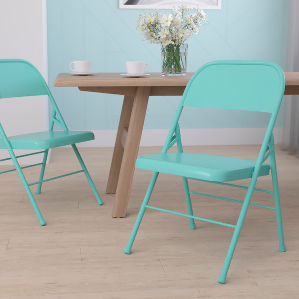 HERCULES COLORBURST Series Tantalizing Teal Triple Braced & Double Hinged Metal Folding Chair