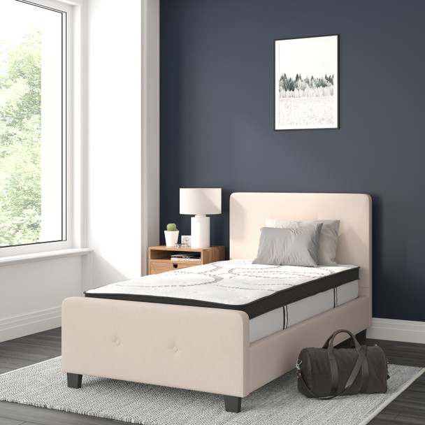 Tribeca Twin Size Tufted Upholstered Platform Bed in Beige Fabric with 10 Inch CertiPUR-US Certified Pocket Spring Mattress