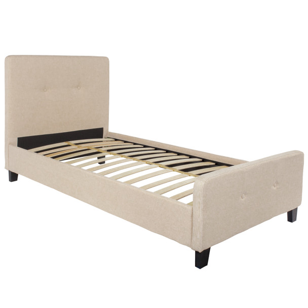 Tribeca Twin Size Tufted Upholstered Platform Bed in Beige Fabric with 10 Inch CertiPUR-US Certified Pocket Spring Mattress