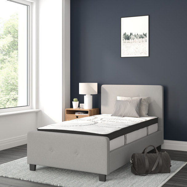 Tribeca Twin Size Tufted Upholstered Platform Bed in Light Gray Fabric with 10 Inch CertiPUR-US Certified Pocket Spring Mattress