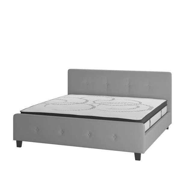 Tribeca King Size Tufted Upholstered Platform Bed in Light Gray Fabric with 10 Inch CertiPUR-US Certified Pocket Spring Mattress