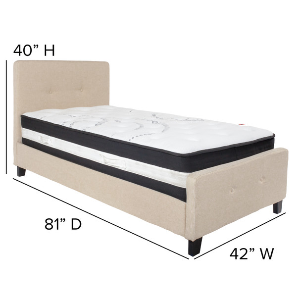 Tribeca Twin Size Tufted Upholstered Platform Bed in Beige Fabric with Pocket Spring Mattress