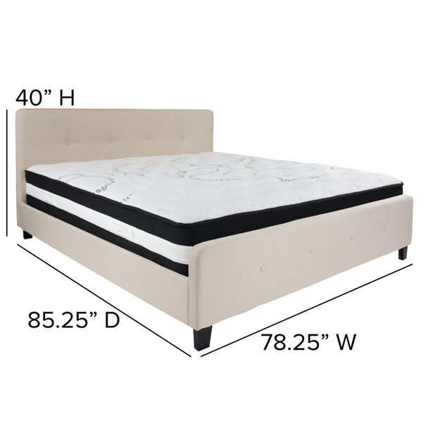 Tribeca King Size Tufted Upholstered Platform Bed in Beige Fabric with Pocket Spring Mattress