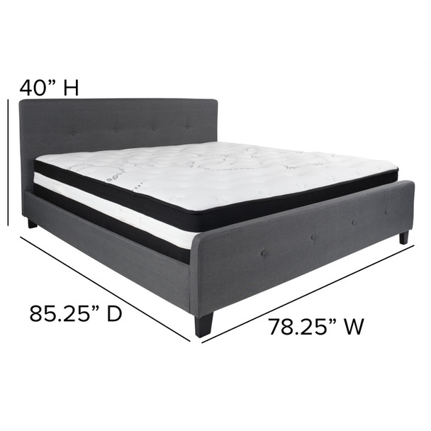 Tribeca King Size Tufted Upholstered Platform Bed in Dark Gray Fabric with Pocket Spring Mattress