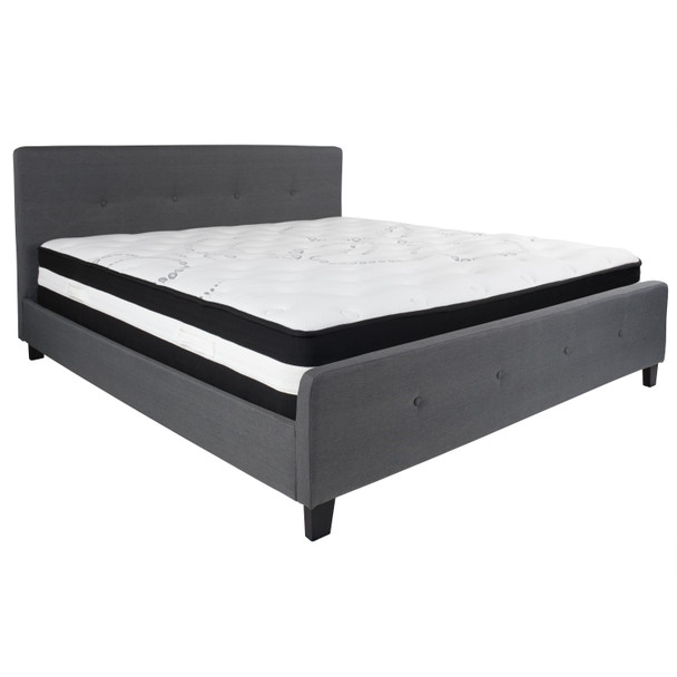 Tribeca King Size Tufted Upholstered Platform Bed in Dark Gray Fabric with Pocket Spring Mattress
