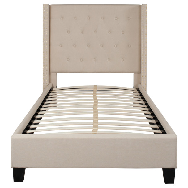 Riverdale Twin Size Tufted Upholstered Platform Bed in Beige Fabric with 10 Inch CertiPUR-US Certified Pocket Spring Mattress