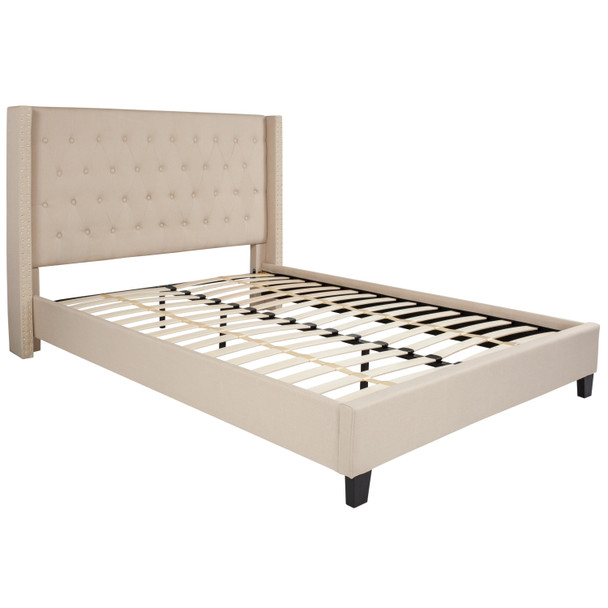 Riverdale Queen Size Tufted Upholstered Platform Bed in Beige Fabric with 10 Inch CertiPUR-US Certified Pocket Spring Mattress