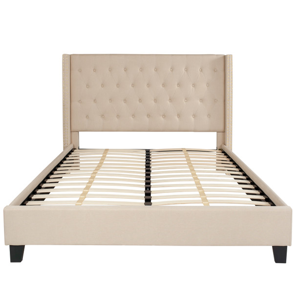 Riverdale Queen Size Tufted Upholstered Platform Bed in Beige Fabric with 10 Inch CertiPUR-US Certified Pocket Spring Mattress