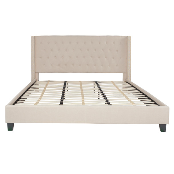 Riverdale King Size Tufted Upholstered Platform Bed in Beige Fabric with 10 Inch CertiPUR-US Certified Pocket Spring Mattress