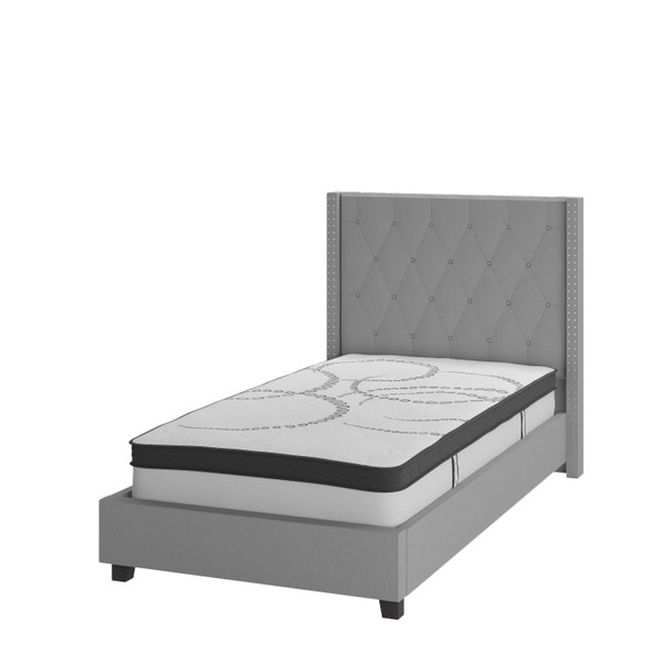 Riverdale Twin Size Tufted Upholstered Platform Bed in Light Gray Fabric with 10 Inch CertiPUR-US Certified Pocket Spring Mattress