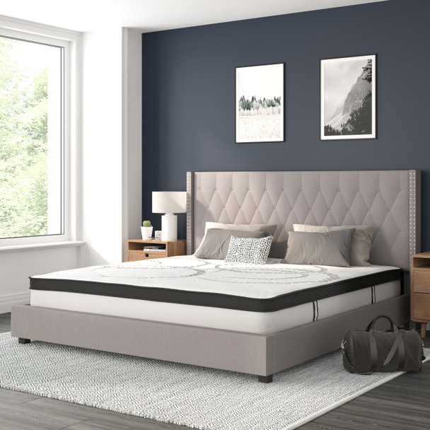 Riverdale King Size Tufted Upholstered Platform Bed in Light Gray Fabric with 10 Inch CertiPUR-US Certified Pocket Spring Mattress