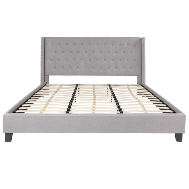 Riverdale King Size Tufted Upholstered Platform Bed in Light Gray Fabric with 10 Inch CertiPUR-US Certified Pocket Spring Mattress