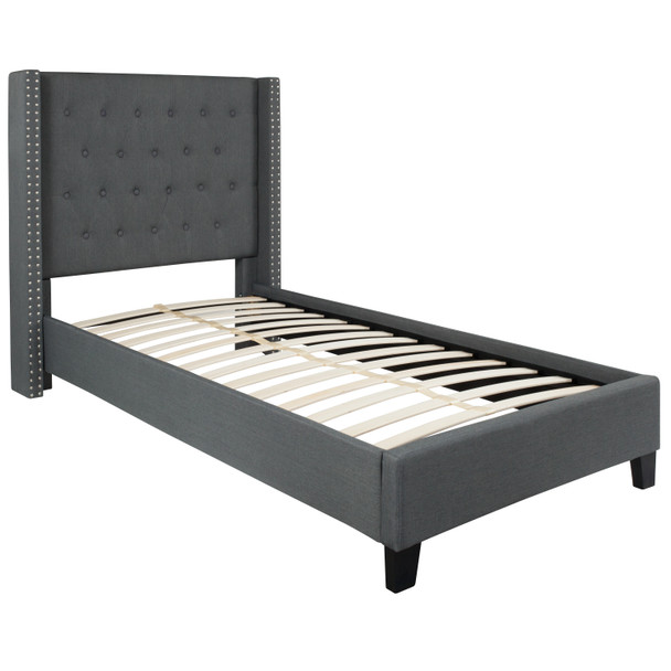 Riverdale Twin Size Tufted Upholstered Platform Bed in Dark Gray Fabric with 10 Inch CertiPUR-US Certified Pocket Spring Mattress