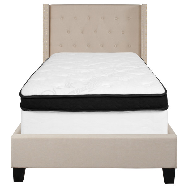 Riverdale Twin Size Tufted Upholstered Platform Bed in Beige Fabric with Memory Foam Mattress