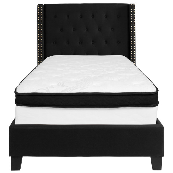 Riverdale Twin Size Tufted Upholstered Platform Bed in Black Fabric with Memory Foam Mattress