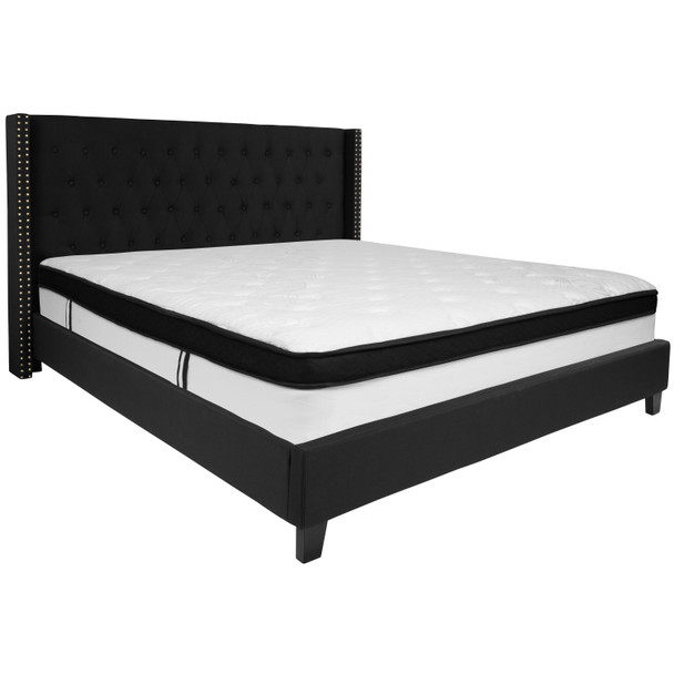 Riverdale King Size Tufted Upholstered Platform Bed in Black Fabric with Memory Foam Mattress