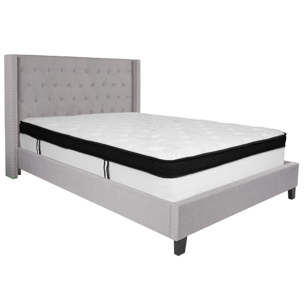 Riverdale Queen Size Tufted Upholstered Platform Bed in Light Gray Fabric with Memory Foam Mattress