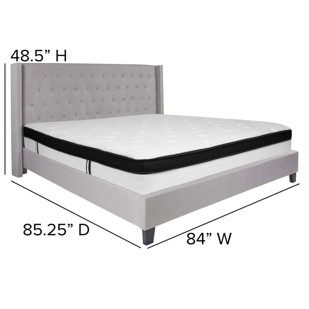 Riverdale King Size Tufted Upholstered Platform Bed in Light Gray Fabric with Memory Foam Mattress