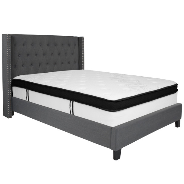 Riverdale Full Size Tufted Upholstered Platform Bed in Dark Gray Fabric with Memory Foam Mattress