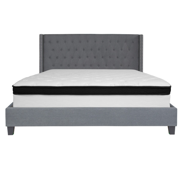 Riverdale King Size Tufted Upholstered Platform Bed in Dark Gray Fabric with Memory Foam Mattress