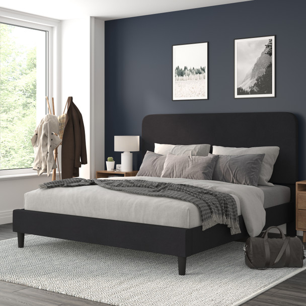 Addison Charcoal King Fabric Upholstered Platform Bed - Headboard with Rounded Edges - No Box Spring or Foundation Needed