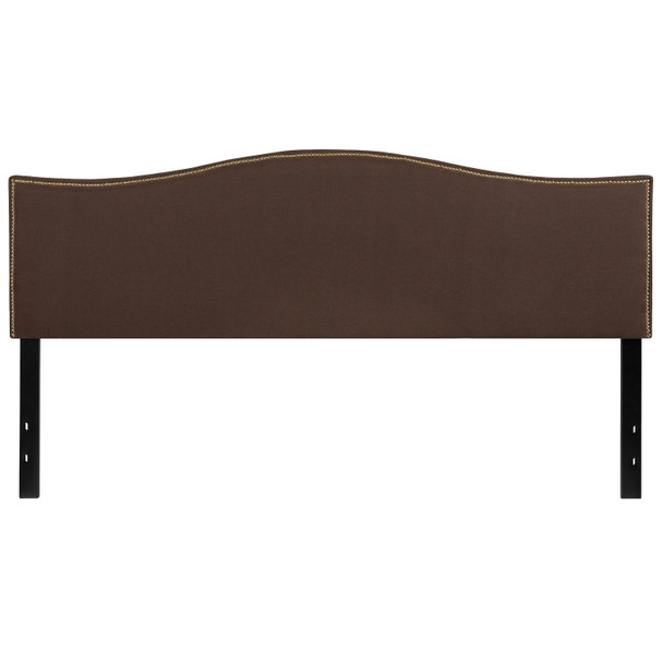 Lexington Upholstered King Size Headboard with Accent Nail Trim in Dark Brown Fabric