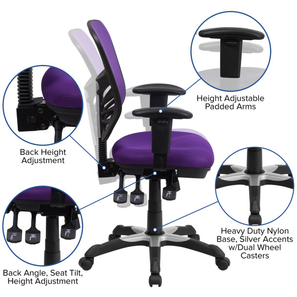 Nicholas Mid-Back Purple Mesh Multifunction Executive Swivel Ergonomic Office Chair with Adjustable Arms